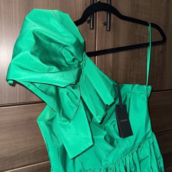 NWT Pinko Green One Shoulder Bow Mini Dress Designer Cocktail Party - Picture 5 of 8